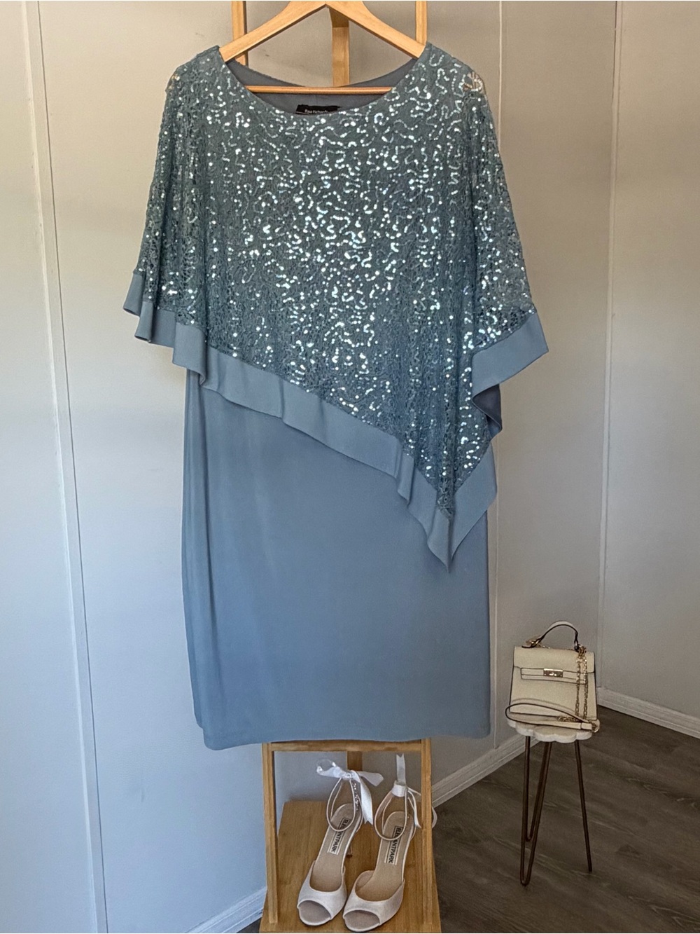 R&M Richards Dusty Blue Petite Sequin Cape Sheath Dress